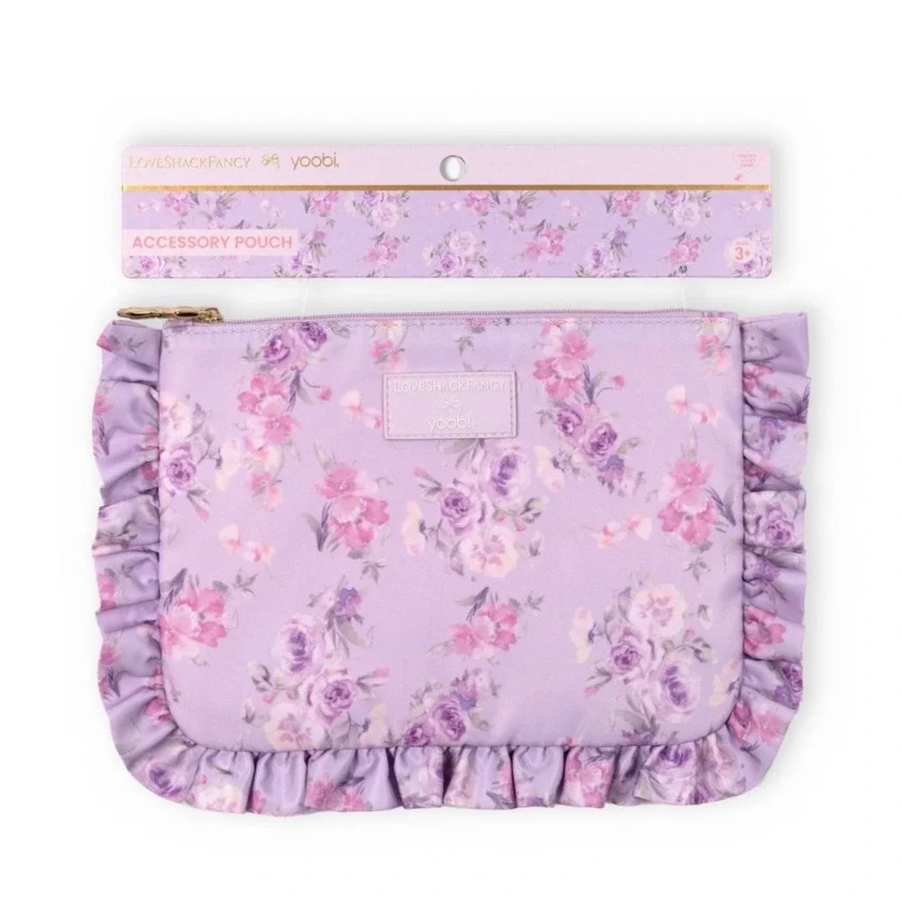 Love Shack Fancy Pencil Case Accessory Pouch Ruffle Purple Hibiscus Zip Bag NEW